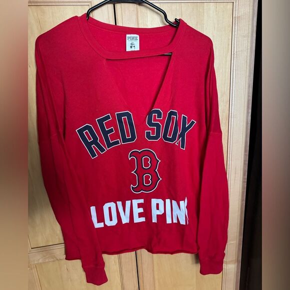 PINK Victoria's Secret Sweaters - PINK Victoria's Secret Women's Boston Red Sox Cut Out V Neck Crop Pullover